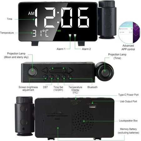 Projection Alarm Clocks,180°Rotatable Projector Led Digital Clock & Starry Sky Proj[1831]