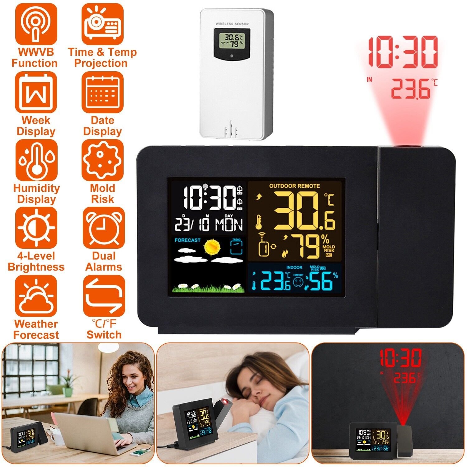Projection Alarm Clock with Weather Station Temperature Humidity Monitor Gauge