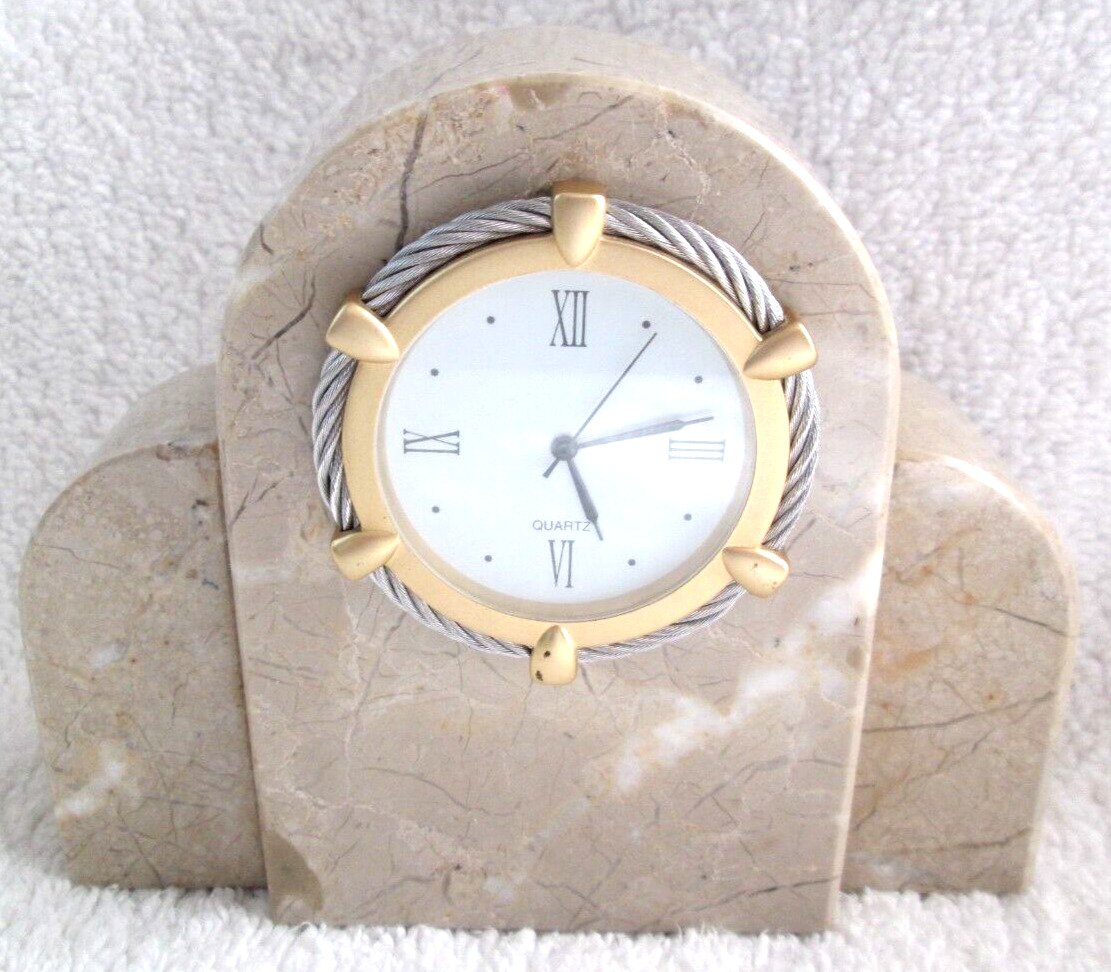 Quartz Desk/Table Mini Clock In ~6" Tall Marble Stone Setting /Needs New Battery