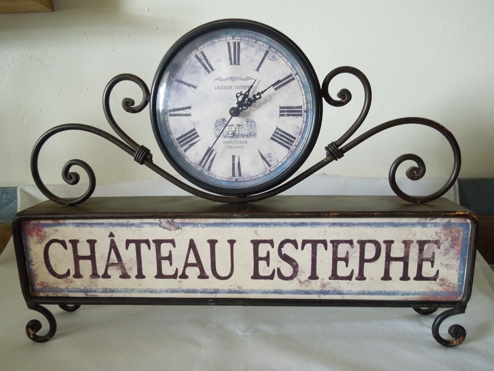 Quartz Mantel Clock Chateau Estephe Bordeaux France Metal Distressed Frame 18"
