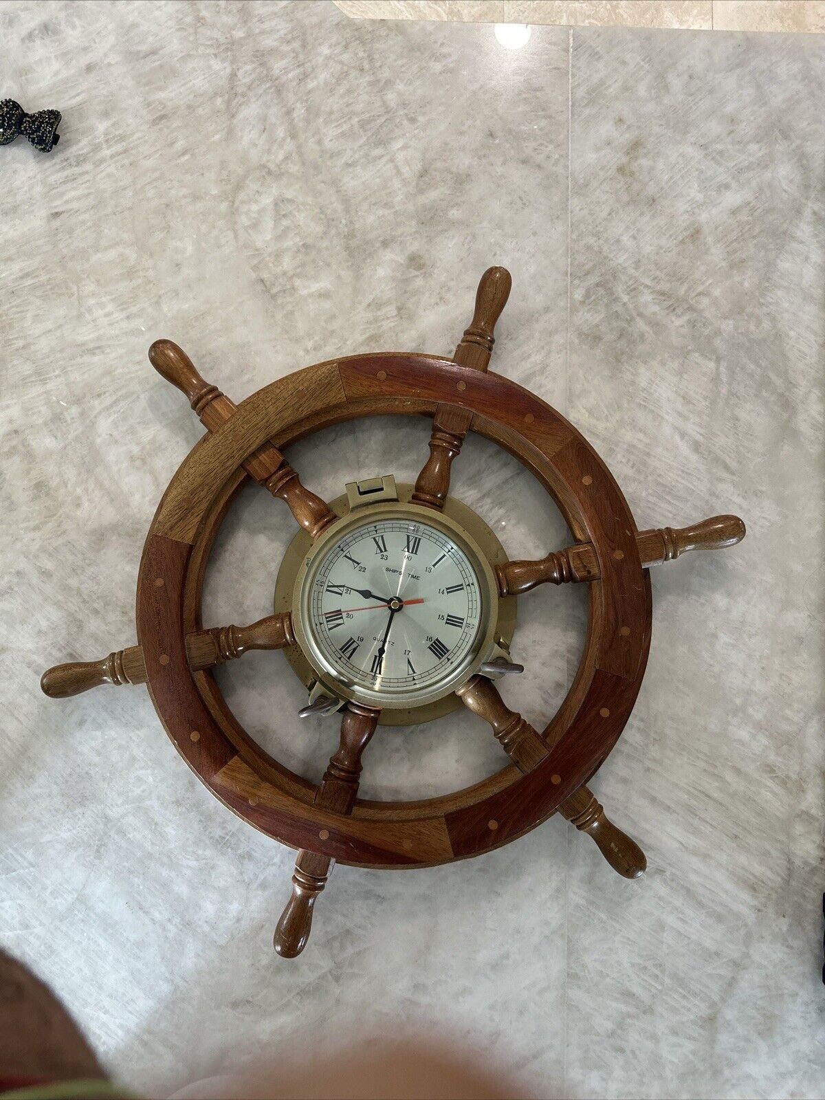 Quartz Ship's Time 23.5" Ships Wheel Wood Brass Clock Roman Numeral