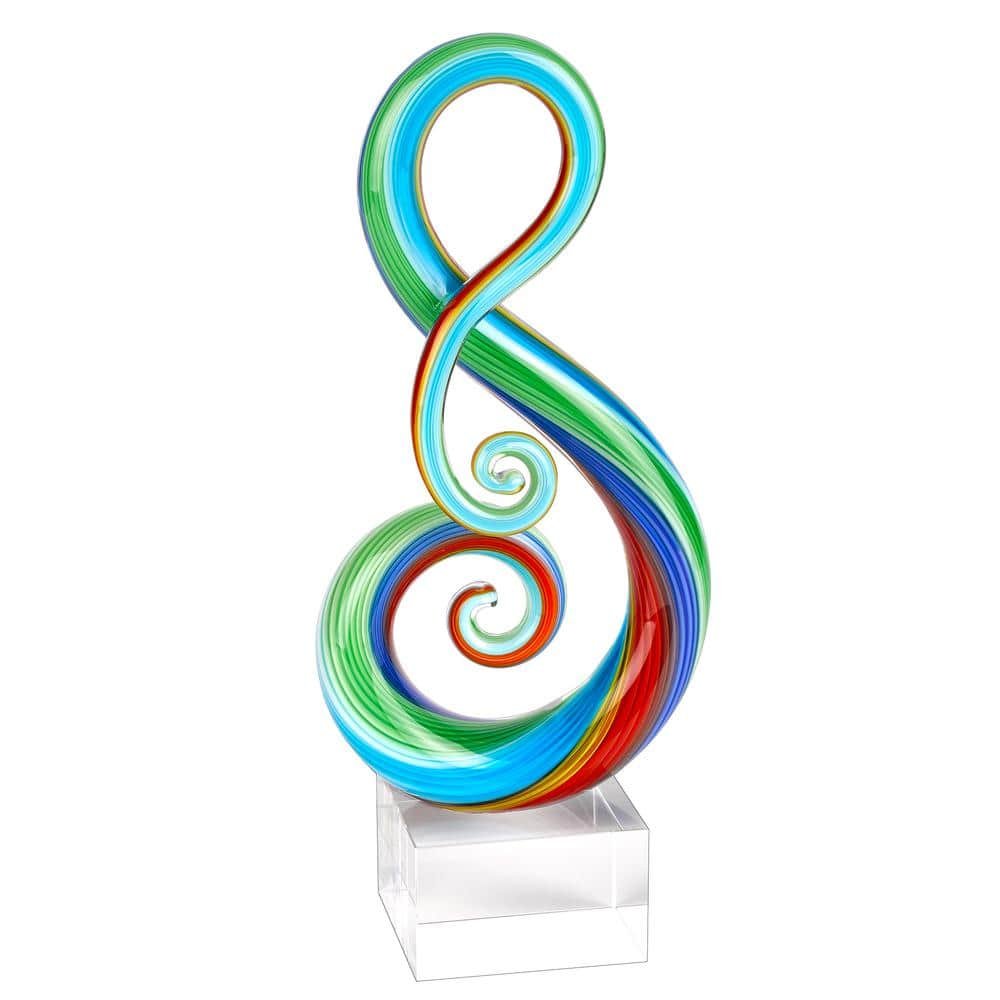 Rainbow Murano Style Art Glass Note Abstract Centerpiece on Crystal Base 11...