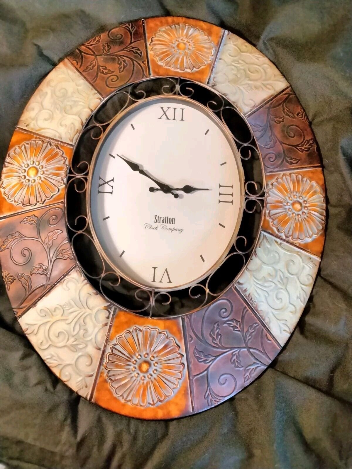 RARE Stratton Large Metal Decorative Wall Clock Oval 36x24" Brown and Blue Tone