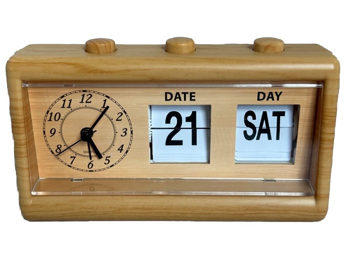 Retro Alarm Clock Flip Day And Date Working Battery Operated Plastic Wood Grain