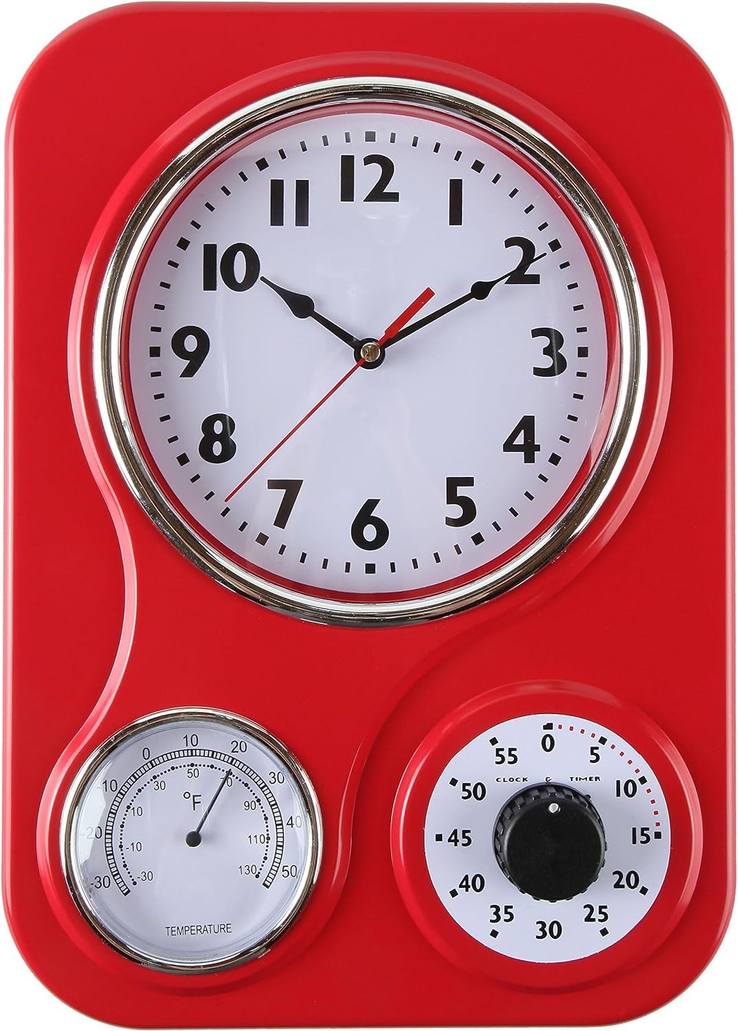 Retro Kitchen Clock with Temperature and Timer (Red)