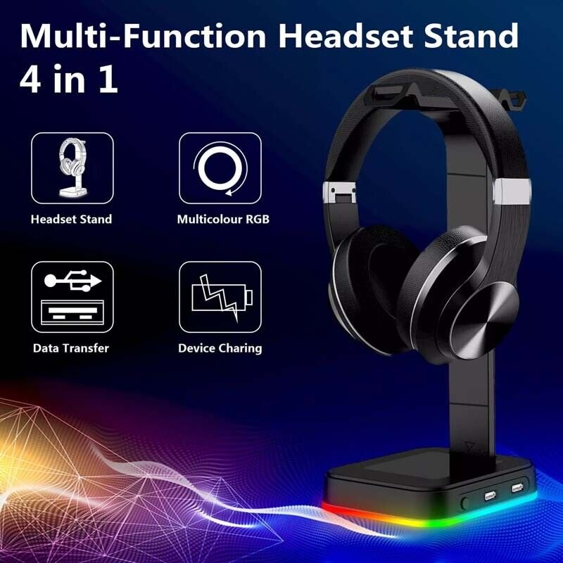 RGB Headphone Stand Headset Desk Bracket Earphone Holder + 2 USB Support