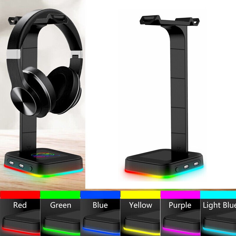 RGB Headphone Stand Headset Desk Bracket Earphone Holder + 2 USB Support NEW