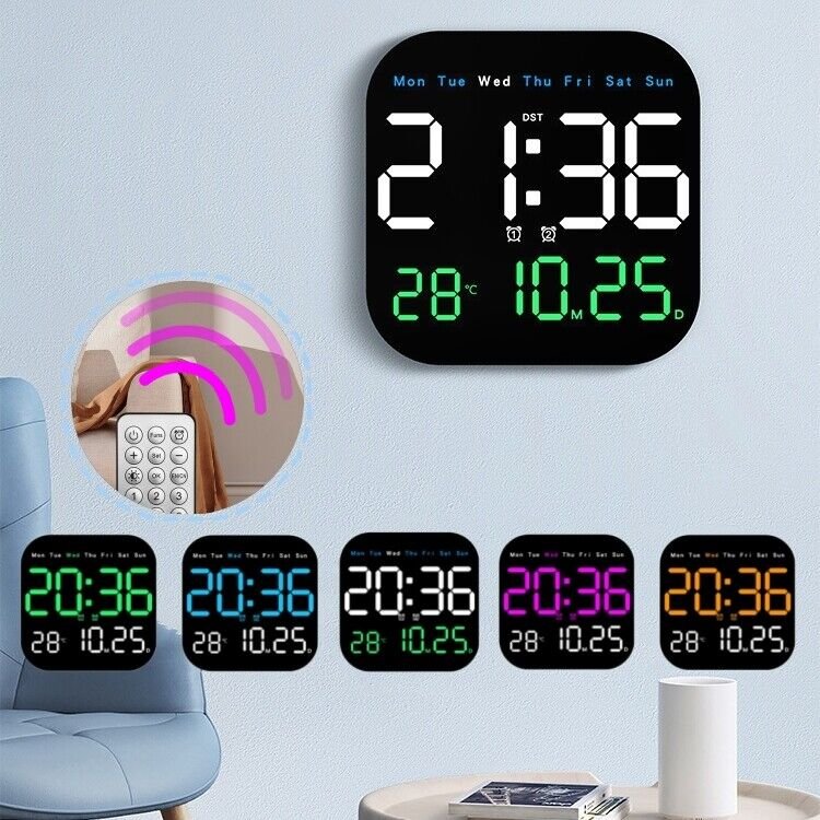 Romote Digital Large LED Mirror Wall Clock Alarm Temperature Humidity Square US