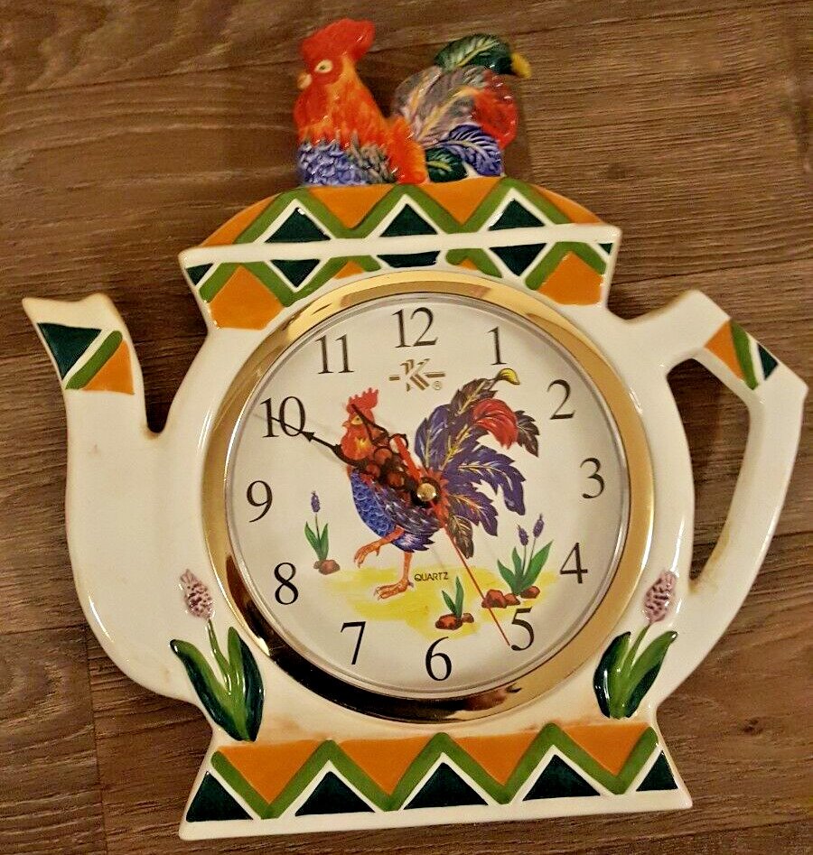 Rooster / Chicken Tea Kettle Clock - South Western Style Large Numbers