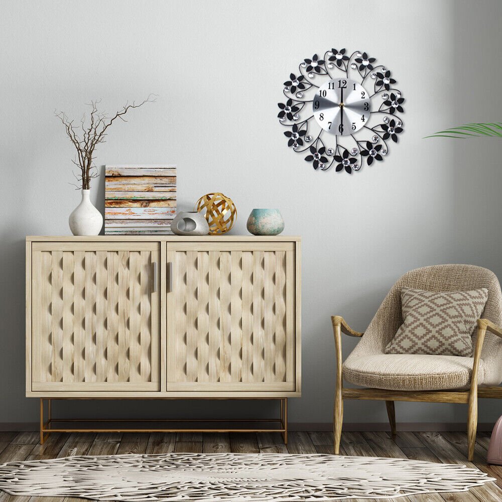 Round Flower Wall Clock Wrought Iron Hanging Clocks Black Home Living Room Decor