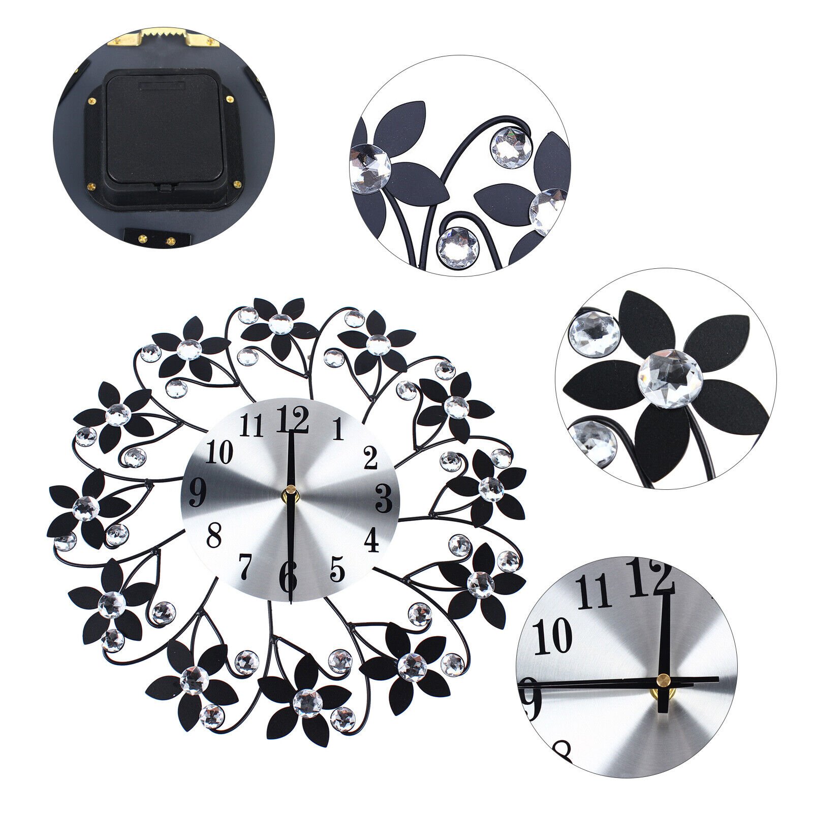 Round Flower Wall Clock Wrought Iron Hanging Clocks Black Home Living Room Decor