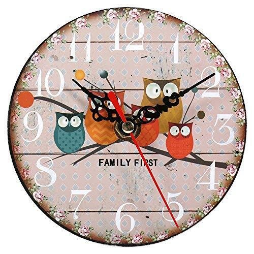 Round Wall Clock, Creative Vintage Owl Pattern Hanging Quiet Without 24