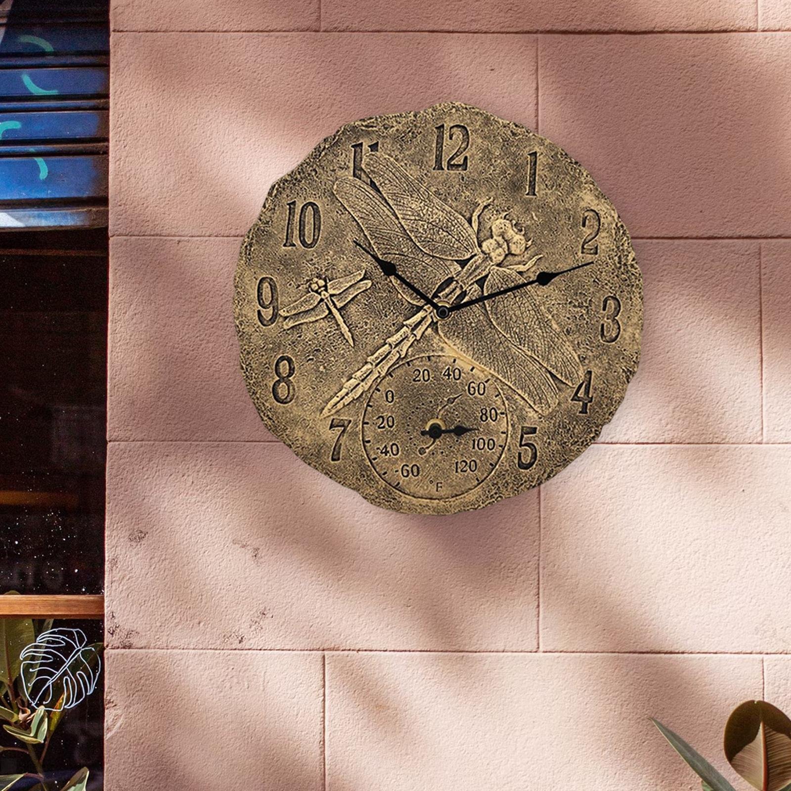 Round Wall Clock Indoor Outdoor Waterproof with Temperature Display Resin Statue