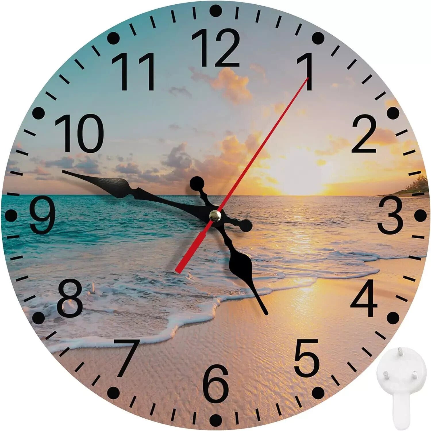 round Wall Clock Silent Non-Ticking Battery Operated Clock 12 Inch, Sea Beach