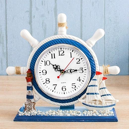 RTGGSEL Mediterranean Style Nautical Silent Desk Clock Lighthouse Helm Wooden Clocks Sailboat Steering Wheel Shelf Clocks Home Decor Clock Ornament (7.87x2.76x7.87-Sailboat)