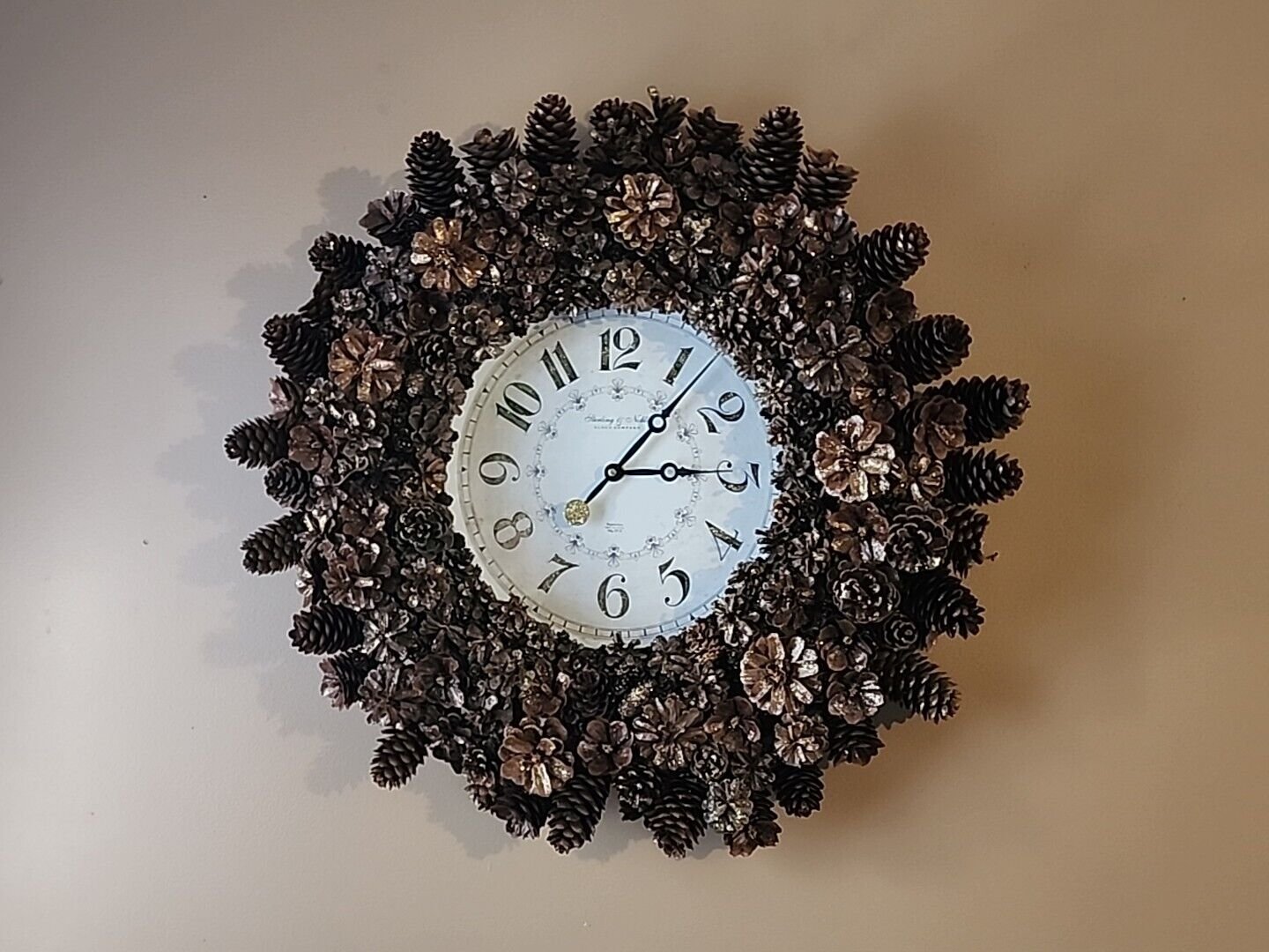 Rustic Pinecone Clock 26" Wide Clock Handmade Golden Shimmer Finish EXACT Org.