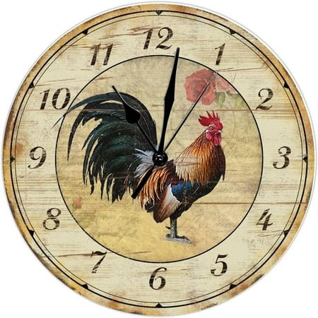 Rustic Rooster Chicken Clock Kitchen Clocks Fresh Farm Wooden Wall Clocks Battery Operated 12 Inch Silent Non-Ticking French Retro Farm Home Decor Wall Decor For Office School Bathroom