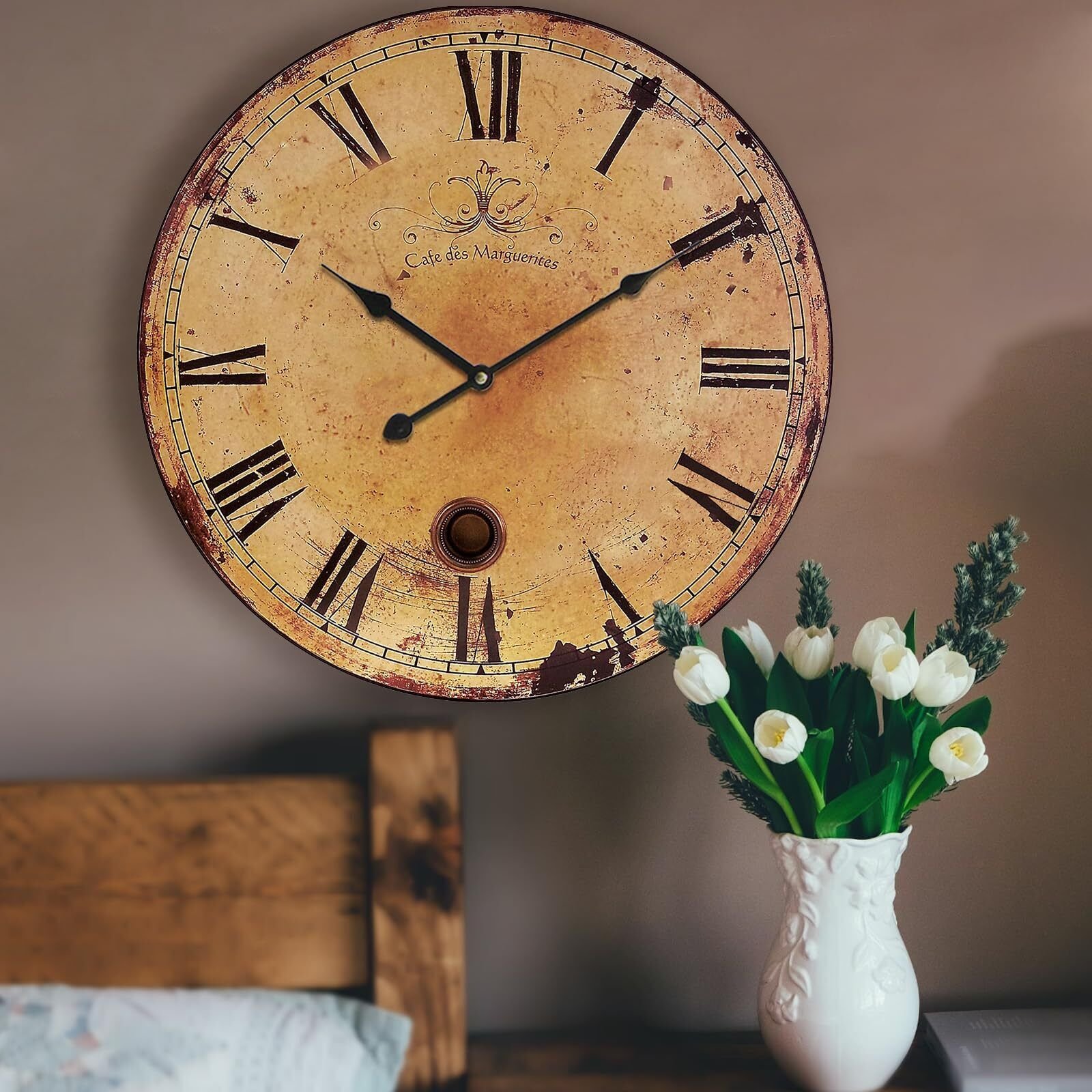 Rustic Wall Clock 24 inch Vintage Wood Wall Clock Large Wall Clock France Clo...