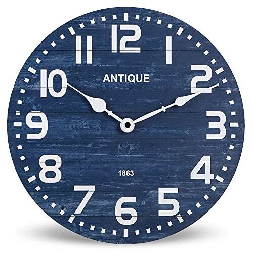Rustic Wood Wall Clock - 12 Inch Battery Operated Silent Non Ticking Navy Blue