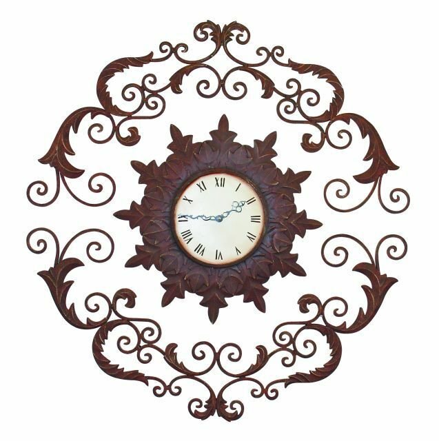 Scroll Medallion Wrought Iron Wall Clock Open Metal Brown Ornate Floating Dial