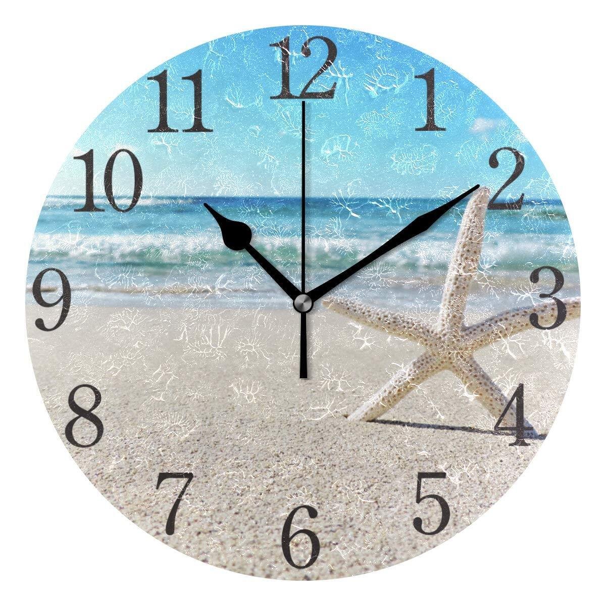 Seashell Wall Clock Arabic Numerals Design Starfish On The Beach Round Wall C...