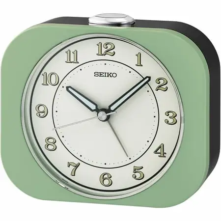 Seiko 4 inch Kyoda Beep Alarm Metallic Green Mid Century Modern Analog Quartz Desk Clock QHE 195 MLH