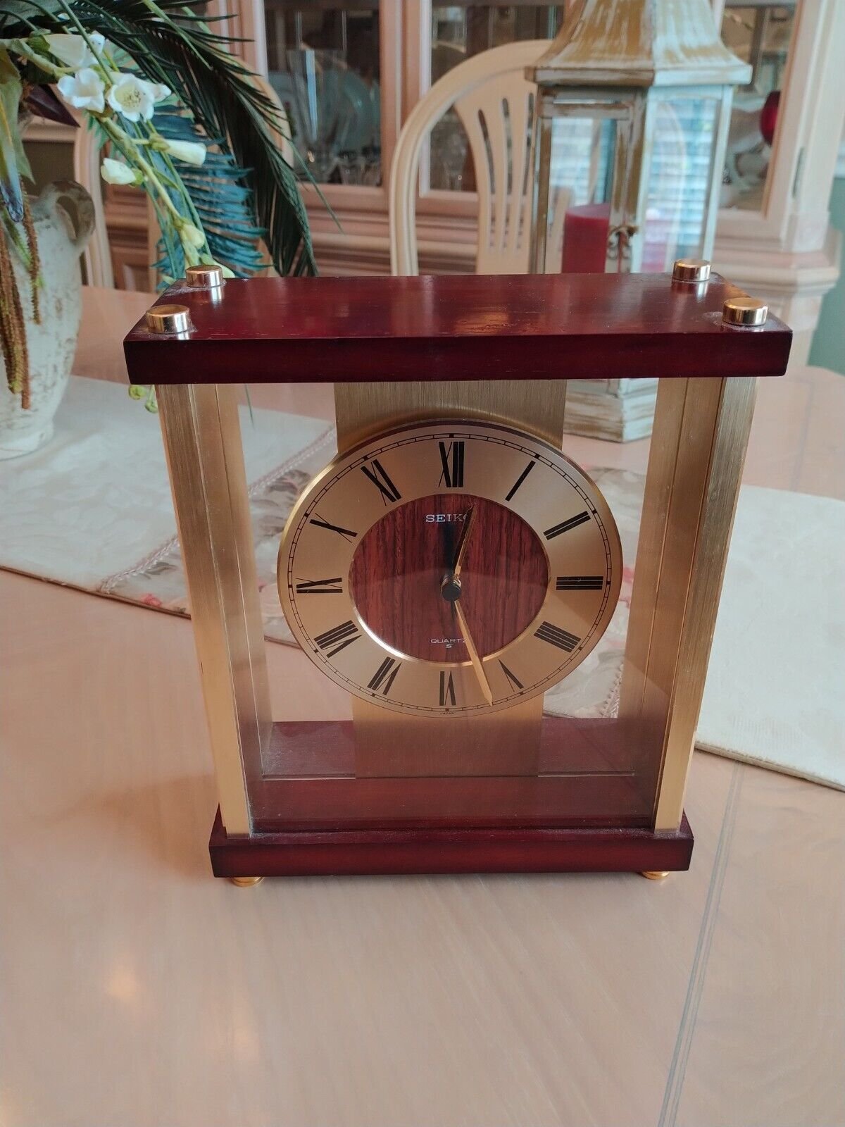 Seiko Clock Quartz Home Office Wooden Brass 10" X 8" Mantle Timepiece