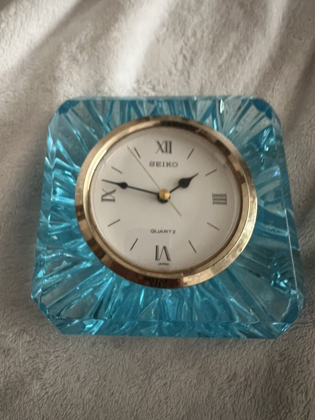 SEIKO Lead Crystal Quartz Aqua Desk Mantle Shelf Clock Japan Heavy Vintage