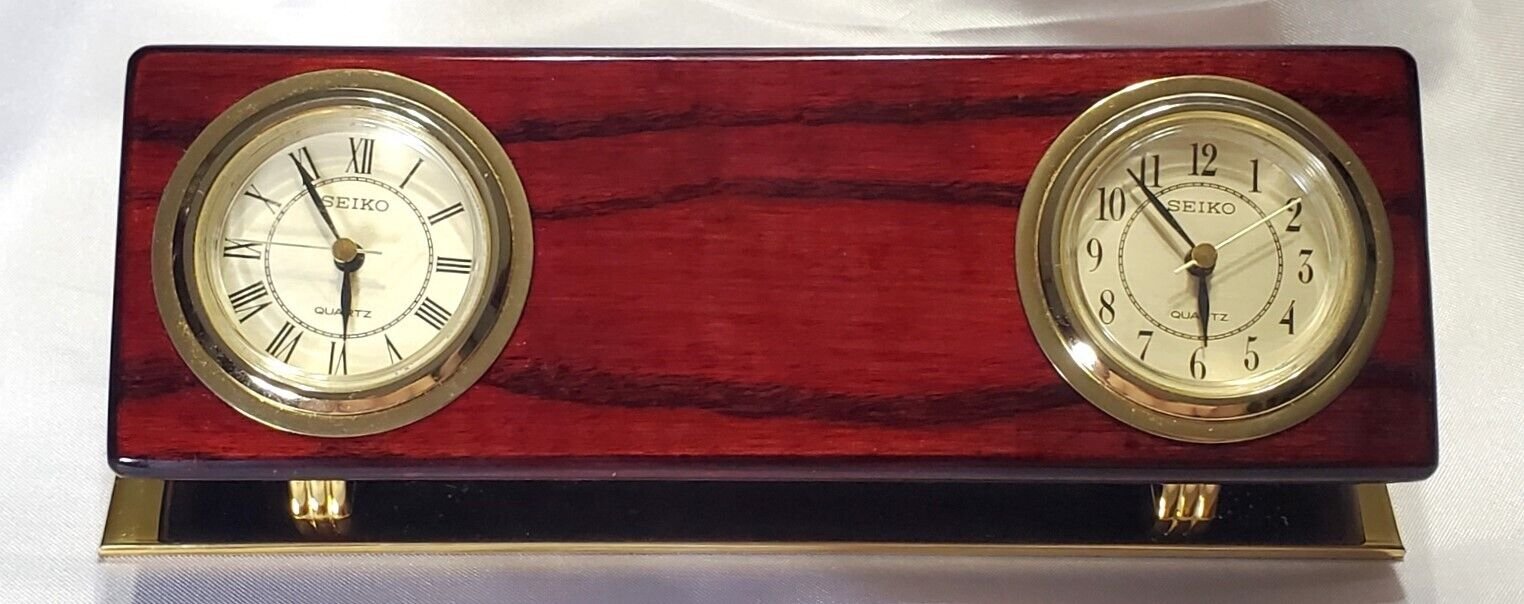 SEIKO QUARTZ DOUBLE DESK CLOCK POLISHED BRASS STAND MODEL QXG401BL