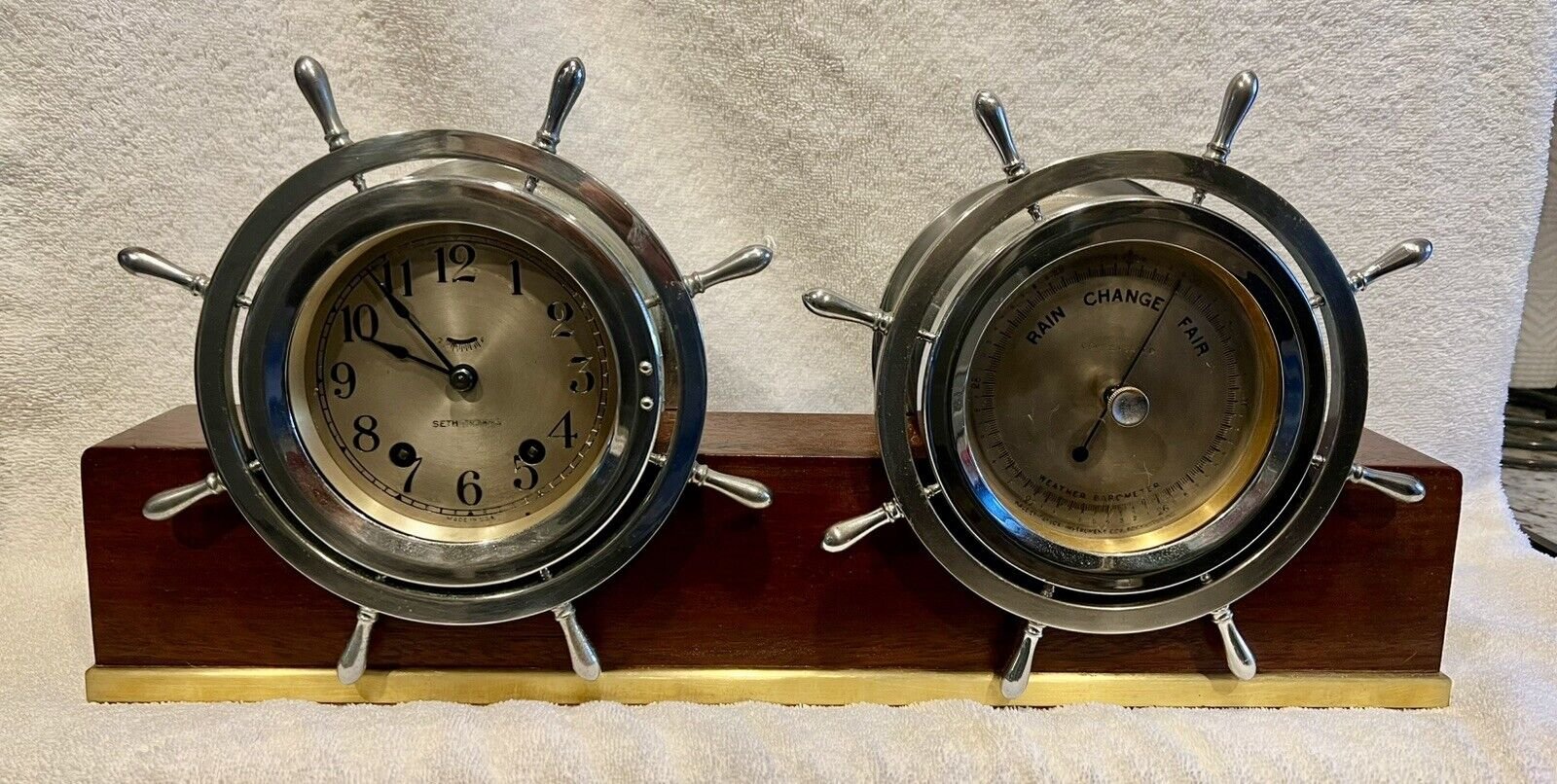 Seth Thomas Regatta Ships Clock and Barometer with Mahogany stand