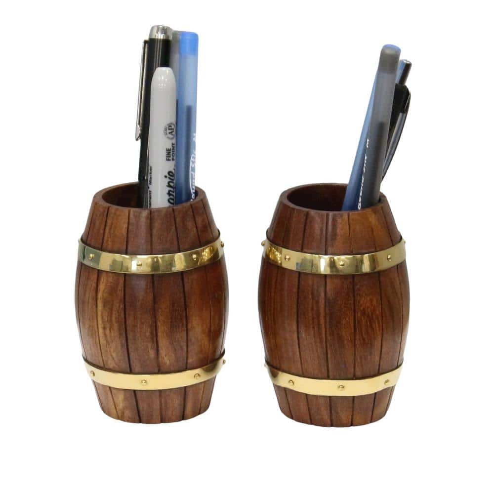 Set of Two Decorative Wine Barrel Shaped Wooden Pen Holders for Office...