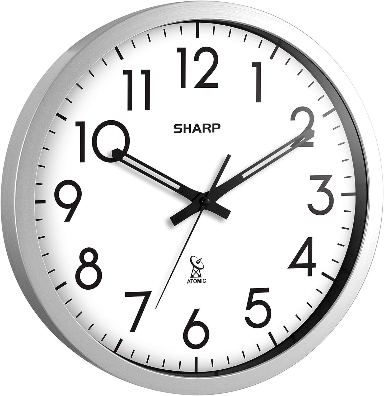 Sharp Atomic Analog Wall Clock - 12" Silver Brushed Finish - Sets Automatically-