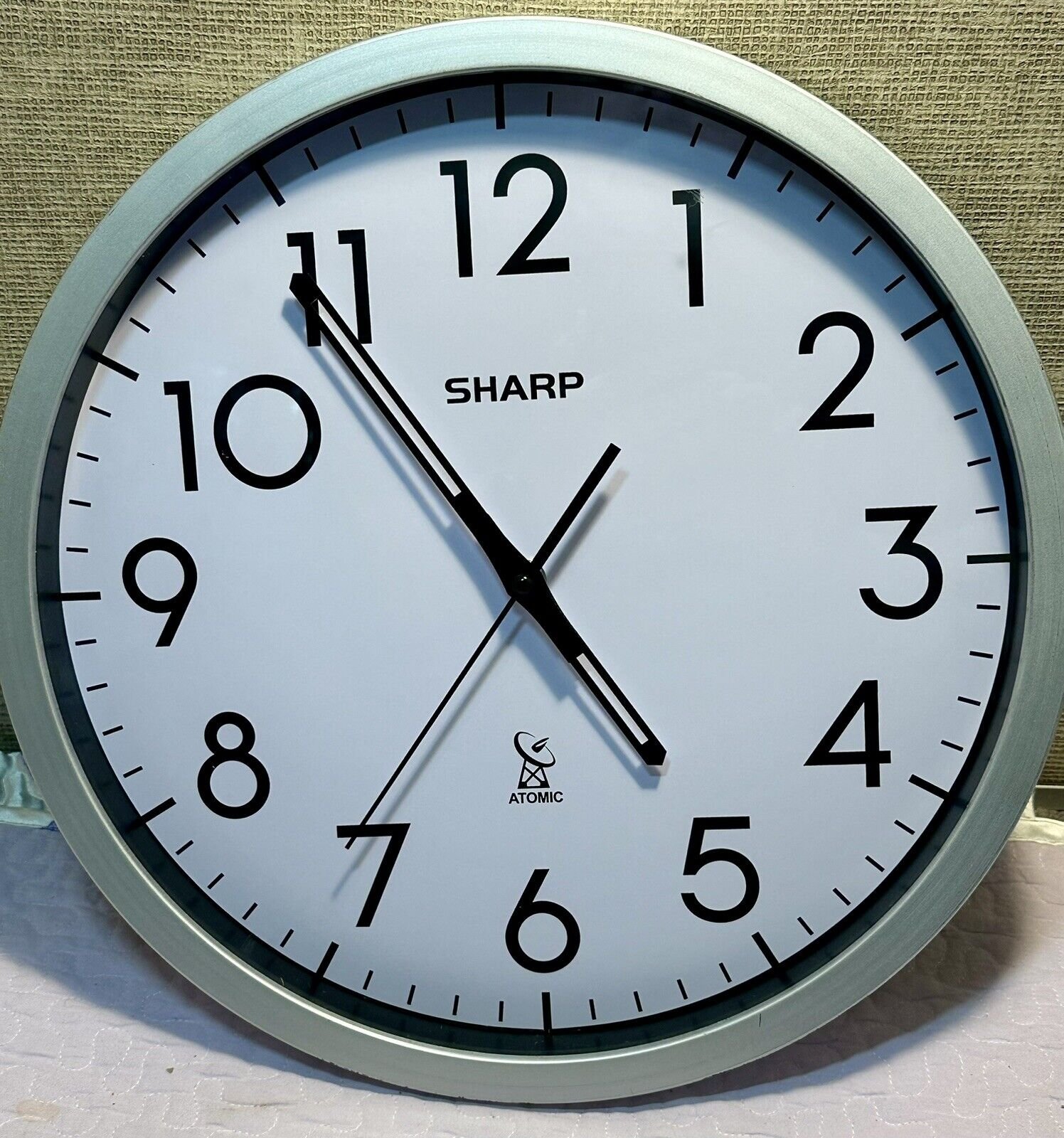 Sharp Atomic Analog Wall Clock - 12" Silver Brushed Finish - Sets Automatically-