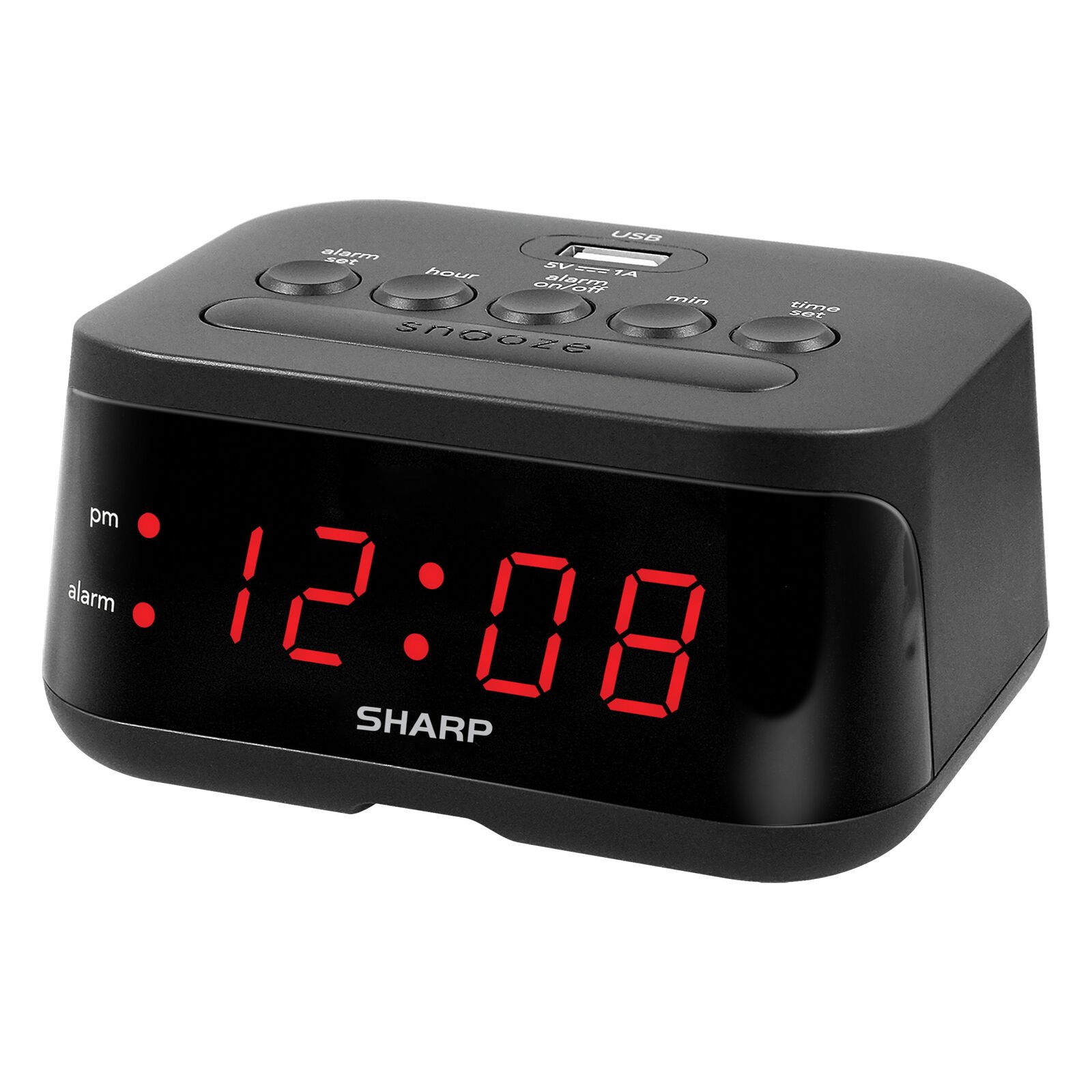 Sharp Digital Alarm Clock Midnight Black with USB Charge Port