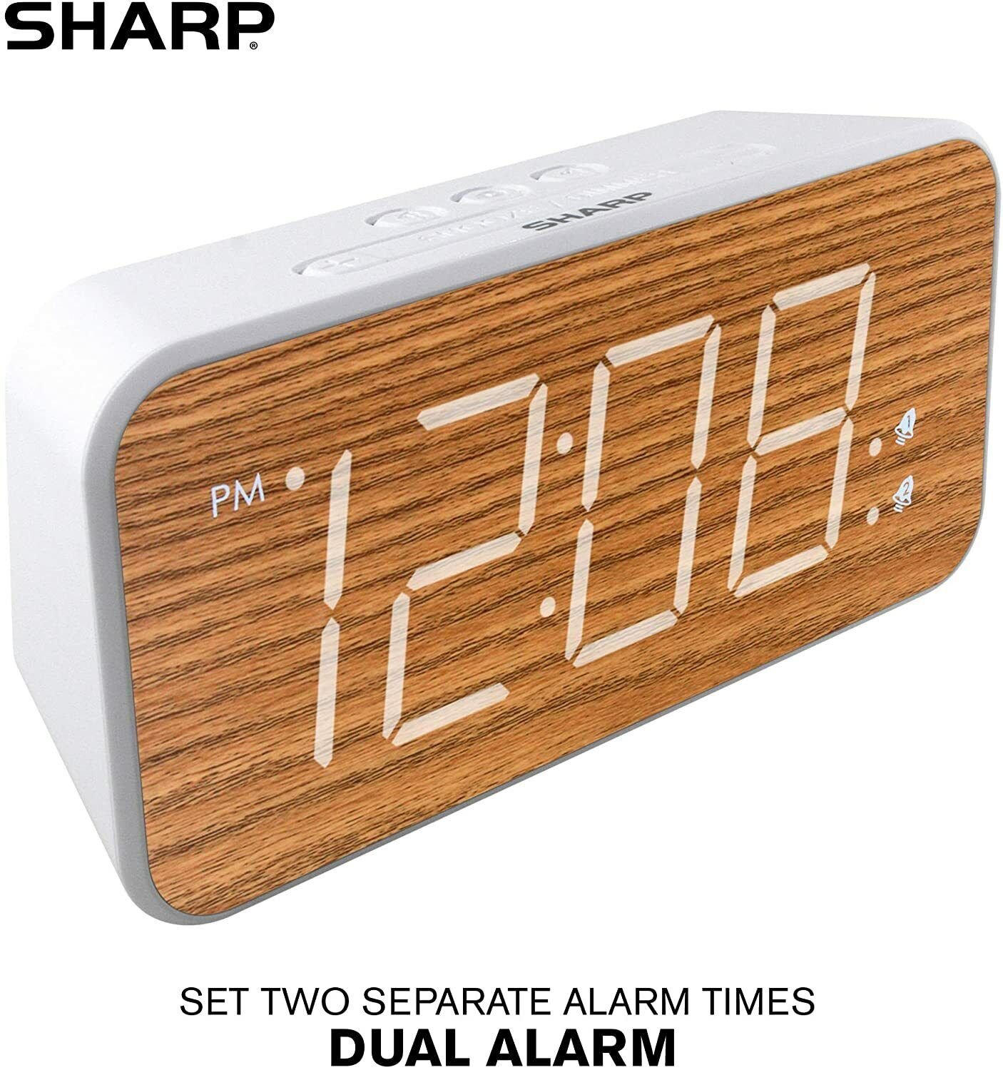 SHARP Dual Alarm with Jumbo Easy Read 1.8” White LED Display Faux Wood Finish