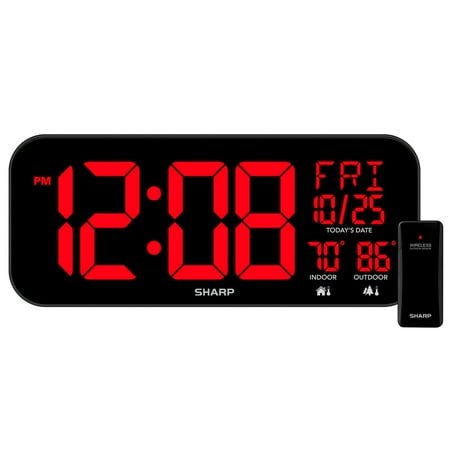 SHARP Large Oversized Screen LED Clock with Outdoor/Indoor Temperature with Outdoor Sensor, with Date and Day of Week โ 14 inch Clock with 4 inch Digits