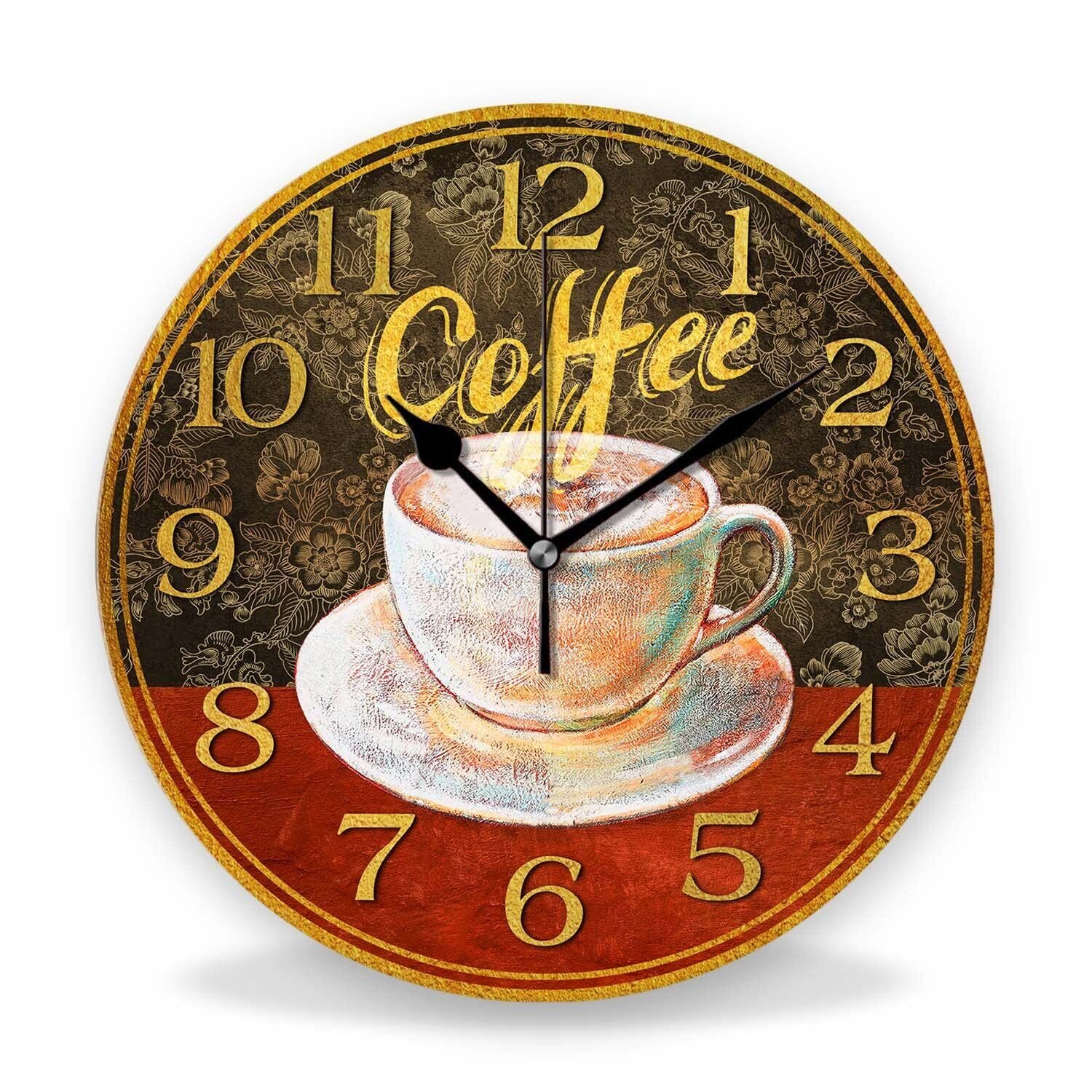 Silent Non-Ticking Wall Clocks Brown Coffee Wall Clock Cups Vintage Retro Bat...