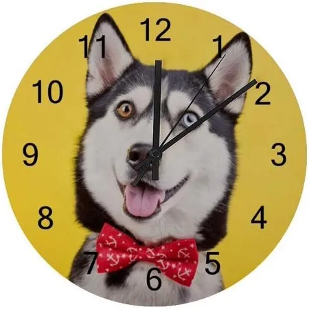 Silent Wooden Round Wall Clock Funny Husky Non Ticking Battery Operated Clocks for Home Office photo Silent Wooden Round Wall Clock Funny Husky Non Ticking Battery Operated Clocks for Home Office