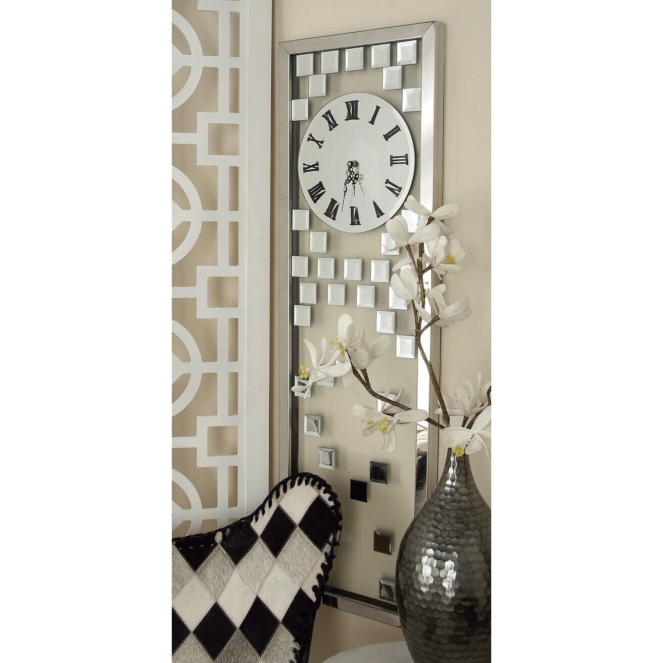 Silver Glass Beveled Mirrored Decorative Wall Clock - 13 x Silver 13 x 42