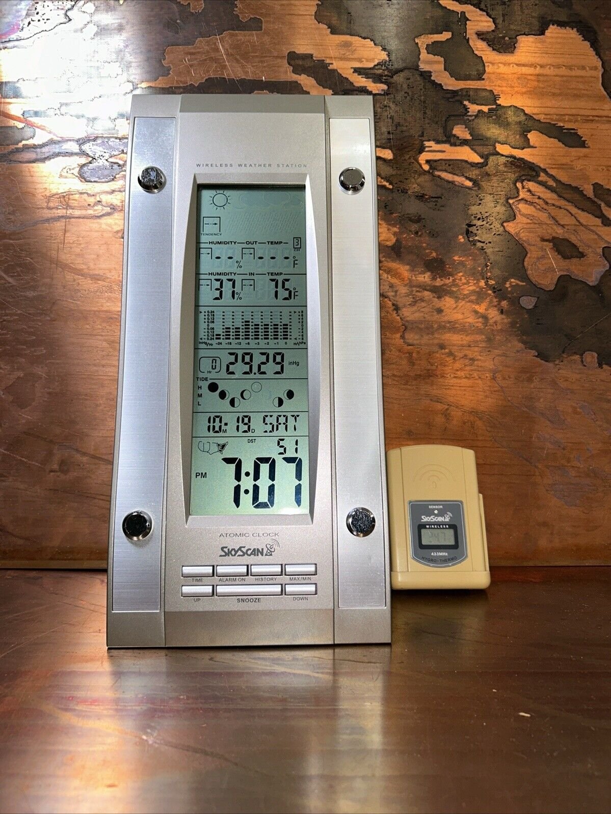 SkyScan Atomic Digital Clock 81690 Silver Gray with Calendar Thermometer, Baro