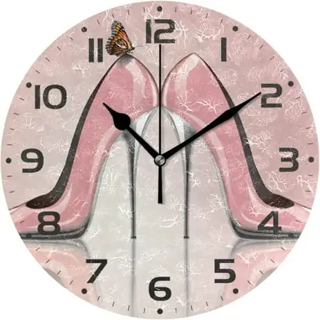 SKYSONIC Pink High Heels Butterfly Wall Clock 10 Inch Silent Non Ticking Round Clock Oil Painting