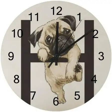 SKYSONIC Silent Wooden Round Wall Clock Funny Pug Hanging On Alphabet Non Ticking Battery Operated Clocks for SKYSONIC Silent Wooden Round Wall Clock Funny Pug Hanging On Alphabet Non Ticking Battery Operated