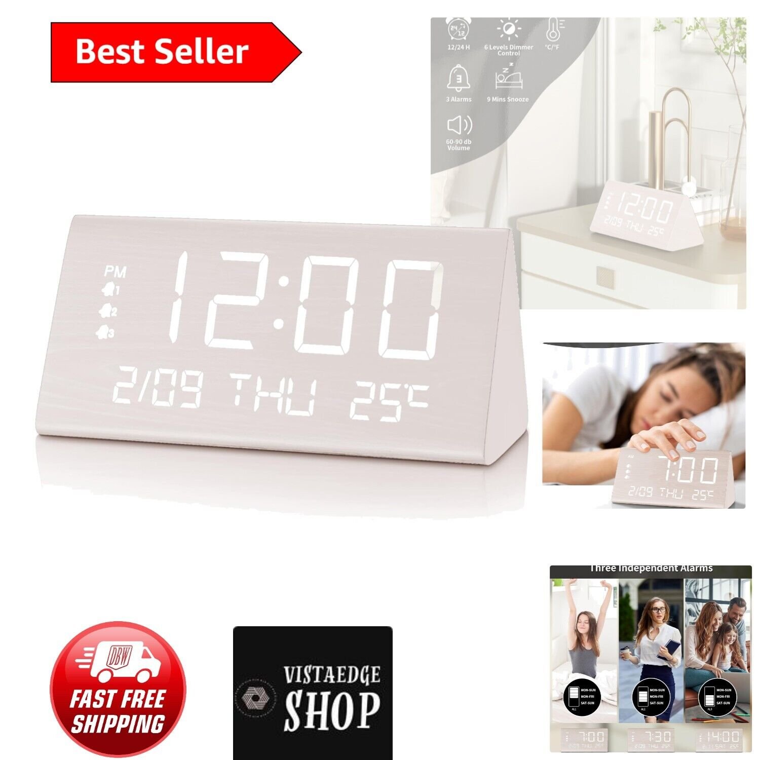 Sleek LED Clock with Independent Alarms, Temperature Display & Stylish Wood