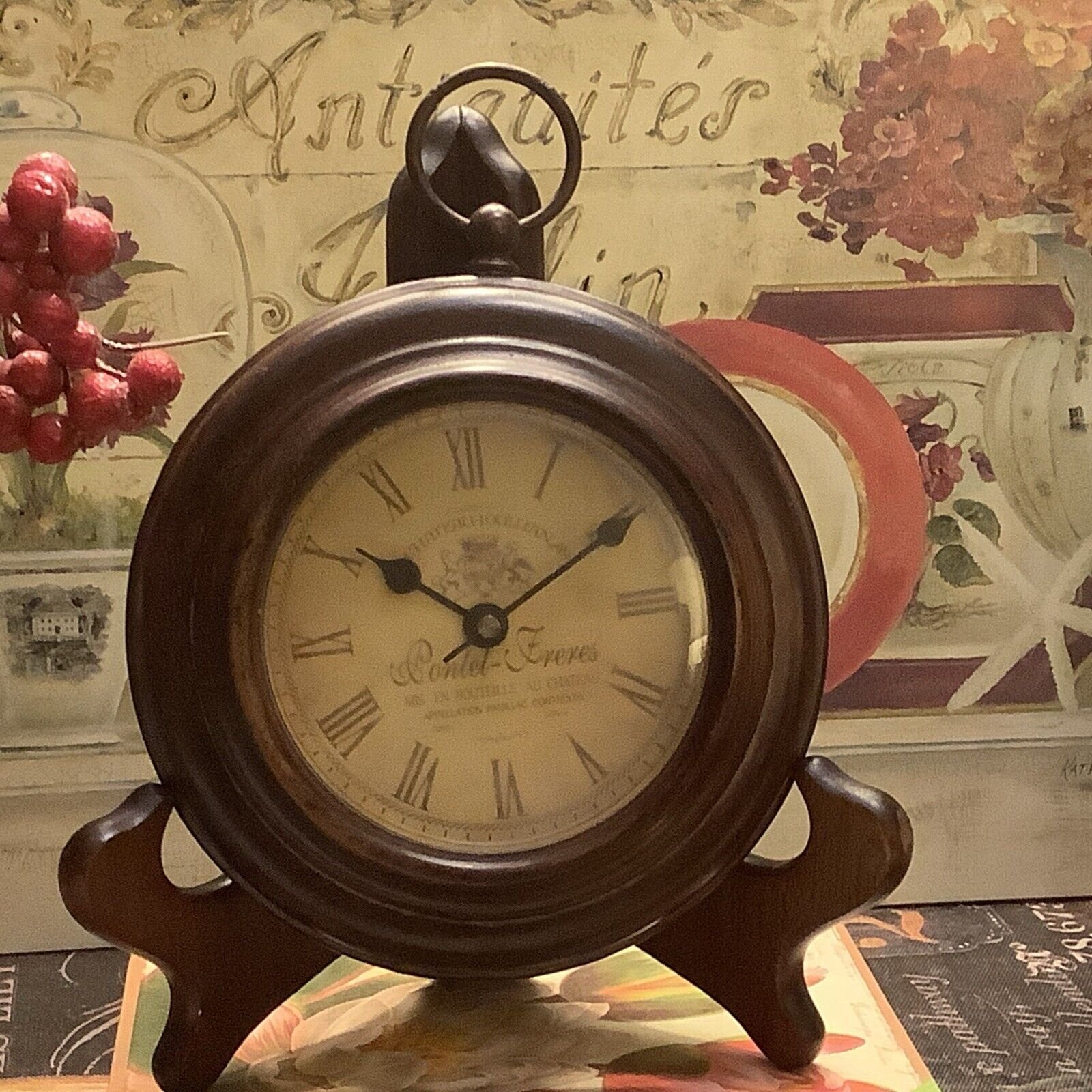 Small 5” Round Vintage Inspired Metal Hanging Clock~Roman Numerals~Hanging~NICE