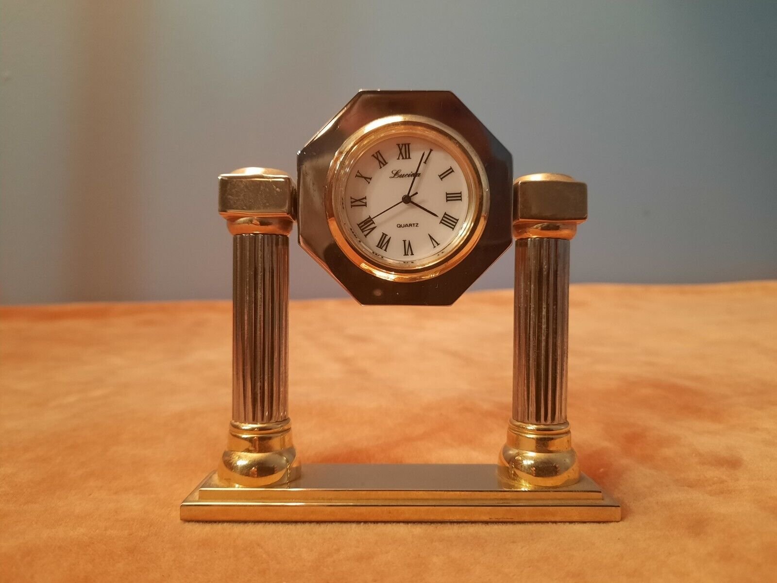 Small Desk Clock Lucida Quartz Heavy Metal Golden 3 3/4" Tall