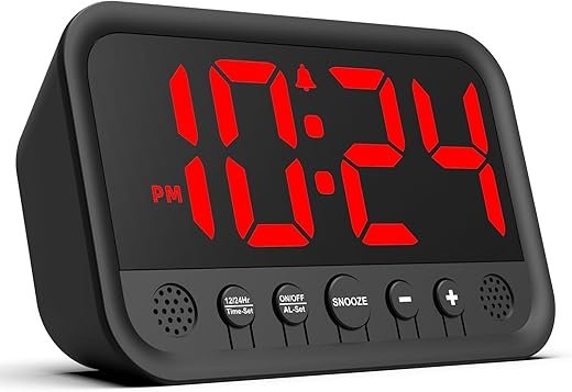 Small LED Digital Clock for Bedroom, Loud Alarm Clock for Heavy Sleepers Adults, Teens | Plug-In Electric Desk Clock | Simple Bedside Nightstand Clock with Adjustable Volume/Brightness/Snooze โ Red