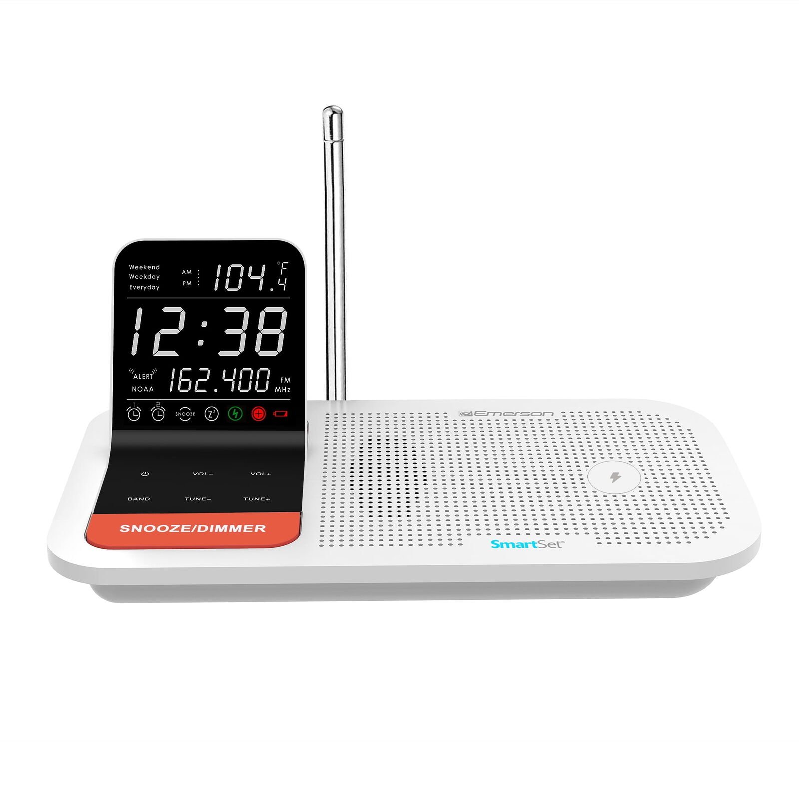 SmartSet Weather Band Dual Alarm Clock , 15W Wireless Charging, USB, Temp Senso.