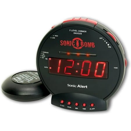 Sonic Bomb Dual Extra Loud Alarm Clock with Bed Shaker, Black & Red | Sonic Alert Vibrating, Heavy Sleepers, Battery Backup | Wake with a Shake