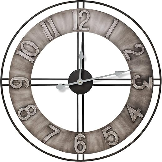 Sorbus Large Wall Clock, 24 Decorative for Kitchen, Bedrooms, Office, Analog Modern Farmhouse Style. Silent, Round Chunky Number, Home Decor, Quartz Battery Operated, Gray Metal