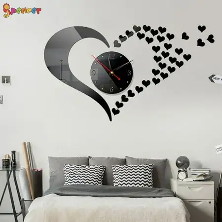Spencer 3 D Modern Large Mirror Surface Wall Clock, Heart Shape DIY Mute Frameless Wall Clock